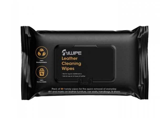 A sleek black flow pack of Sywipe leather wipes for cleaning and maintaining leather furniture.