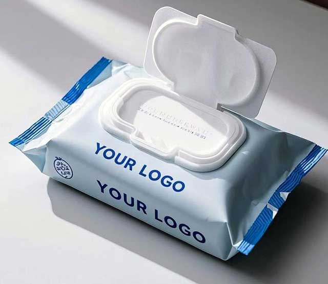 Custom private label wet wipes with open flip-top plastic lid and custom logo placement by SYWIPE manufacturer.