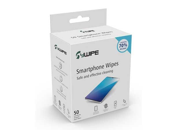 A retail box of Sywipe smartphone and electronic wipes designed safely for screens and keyboards.
