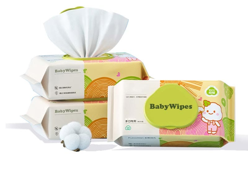 Soft cotton baby wipes in yellow cartoon packaging with raw cotton boll illustration by SYWIPE wet wipe factory.