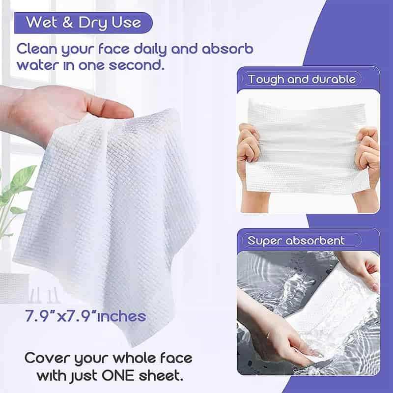 Technical specs of SYWIPE wet and dry disposable face towels showing super absorbency and 7.9x7.9 inch size