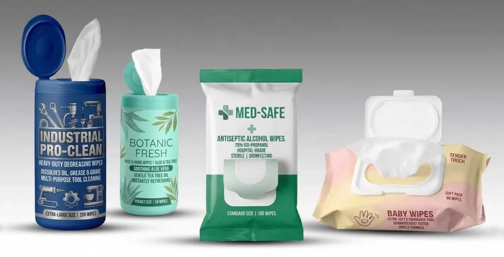 A product range of industrial canisters, personal care tubs, medical wipes packages, and private label baby wipes for wholesale sourcing